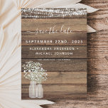 Save the Date Rustic Farmhouse String Lights Invit Invitation<br><div class="desc">Rustic Farmhouse String Lights and Baby's Breath in a Jar Save the Date Wedding Invitations on Wood background - includes beautiful and elegant script typography with modern Country Farm House Sparkle for the special Wedding day celebration.</div>