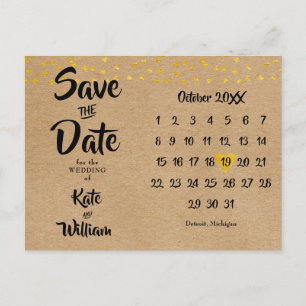 Save the Date Rustic Gold Heart Calendar Boho Postcard