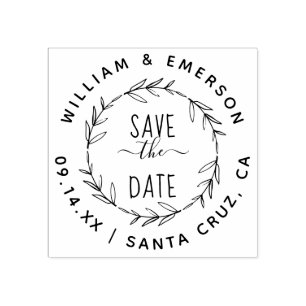 Save The Date   Rustic Hand Drawn Wreath Wedding Rubber Stamp