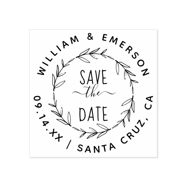 Save The Date | Rustic Hand Drawn Wreath Wedding Rubber Stamp (Imprint)