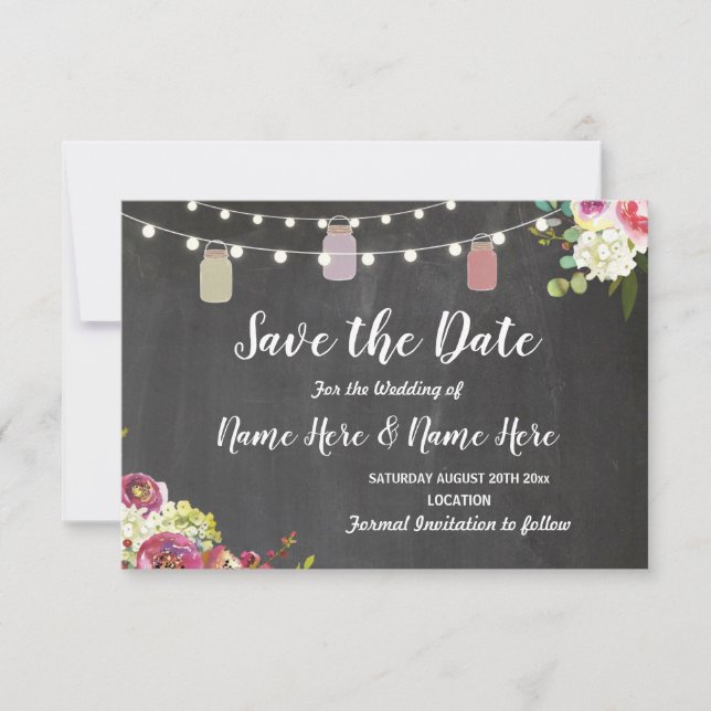Save The Date Rustic Jar Light Chalk Floral Invite (Front)