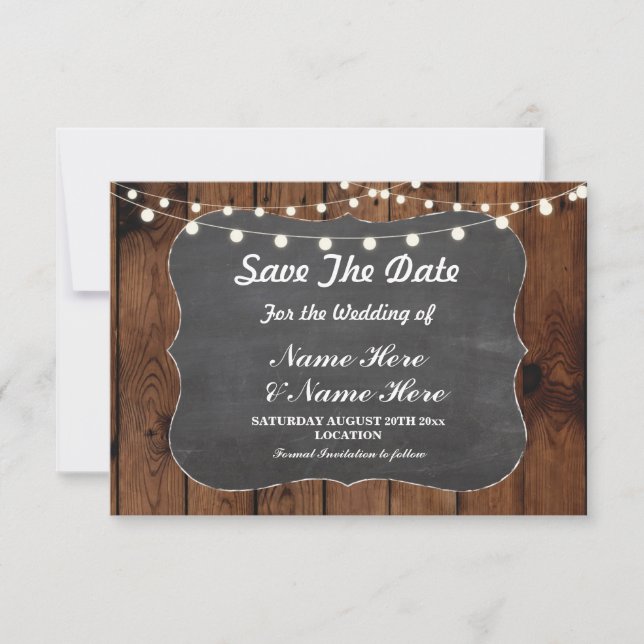 Save The Date Rustic Lights Chalk Wood Elegant (Front)