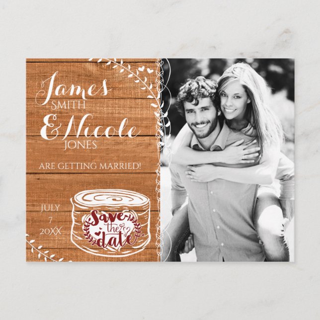 Save the Date Rustic Oak Wood & Heart Stump PhotoR Announcement Postcard (Front)