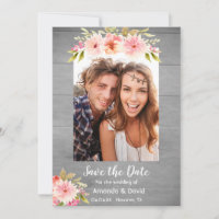 Save the date rustic photo card dahlia flowers