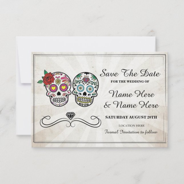 Save The Date Rustic Sugar Skulls Card (Front)