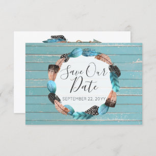 Save The Date Rustic Turquoise Feathers Boho Arrow Invitation