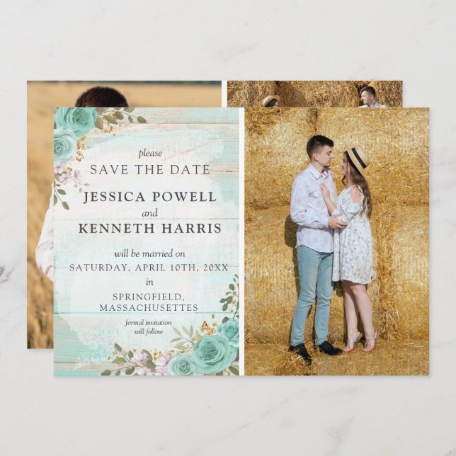 Save The Date Rustic Turquoise Floral 4-Photo Card (Front/Back)