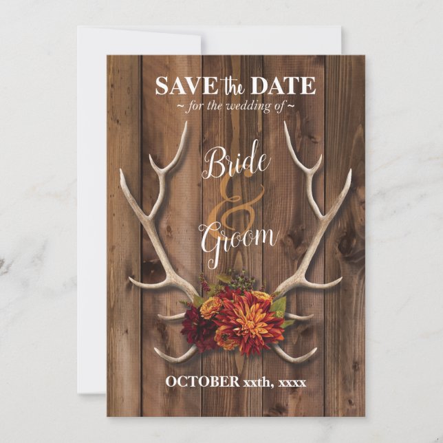 Save the Date rustic wood background with antlers (Front)