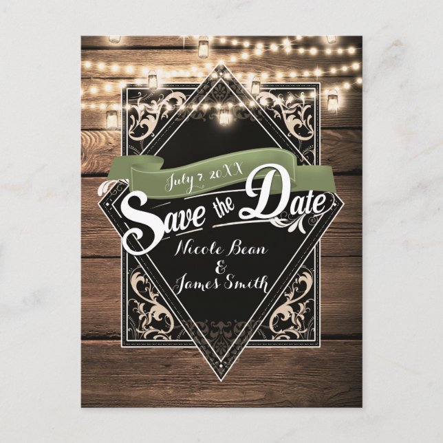 Save The Date Rustic Wood & Lights Engagement Postcard (Front)