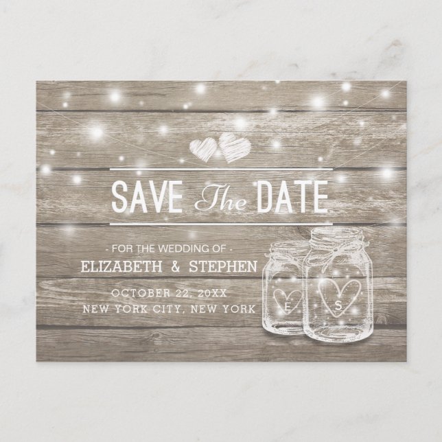 Save The Date Rustic Wood Mason Jar String Lights Announcement Postcard (Front)