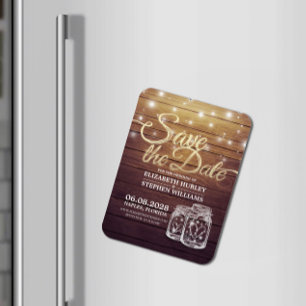 Save The Date Rustic Wood Mason Jar String Lights Magnet