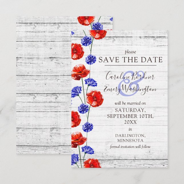 Save The Date Rustic Wood Red Poppy Floral Card (Front/Back)
