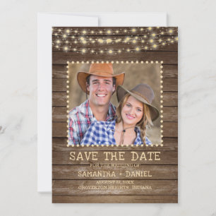 Save the Date Rustic Wood String Lights Photo