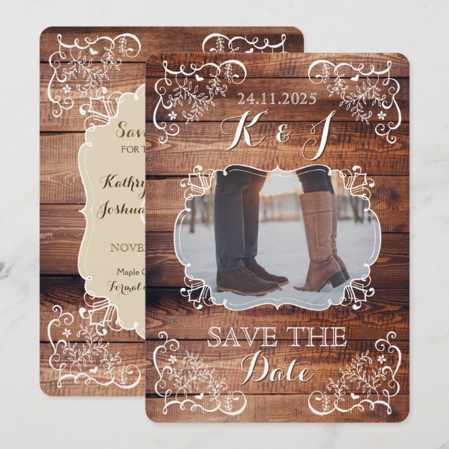 Save the Date Rustic Woodland Wedding Photo Wood Invitation (Front/Back)