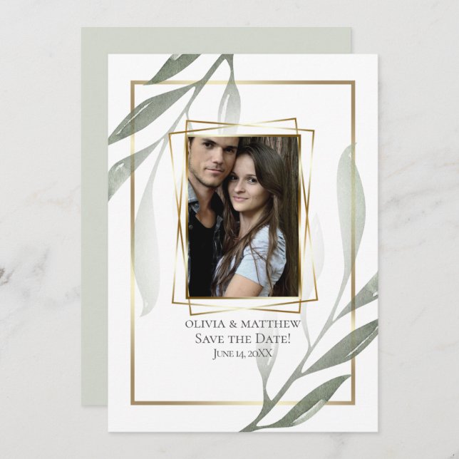 Save the Date | Sage Green Olive Branch Watercolor Invitation (Front/Back)