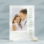 Save The Date Sage Green Stylish Modern Wedding<br><div class="desc">Save The Date Sage Green White Stylish Script Modern Wedding Cards features a white background with your custom photo. Personalise with your text by editing the text in the text boxes provided. Designed for you by ©Evco Studio www.zazzle.com/store/evcostudio</div>