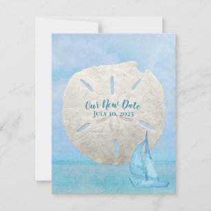 Save the Date sand dollar and sailboat