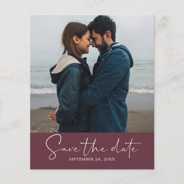 Save the Date Script Burgundy Photo Minimalist Flyer (Front)