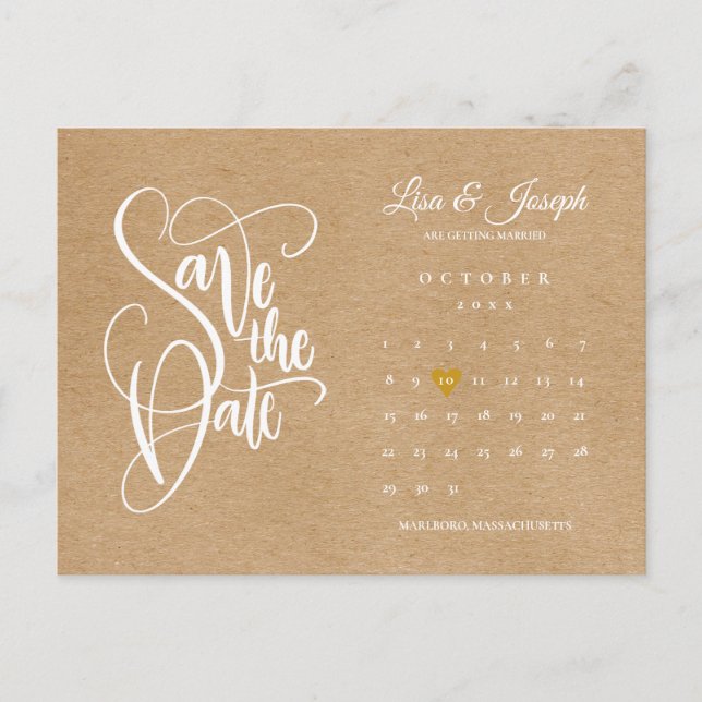 Save the Date Script Calendar Gold Heart Rustic Announcement Postcard (Front)