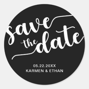 Save the Date Script Hand Lettered Black & White Classic Round Sticker