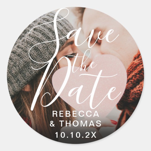 Save the Date Script Personalised Names Photo Classic Round Sticker (Front)