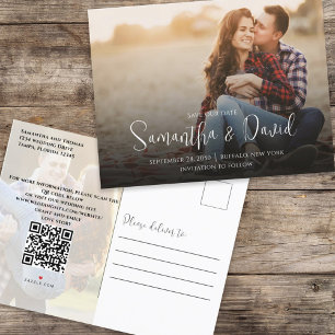 Save the Date Script Photo QR Code Elegant Simple Announcement Postcard