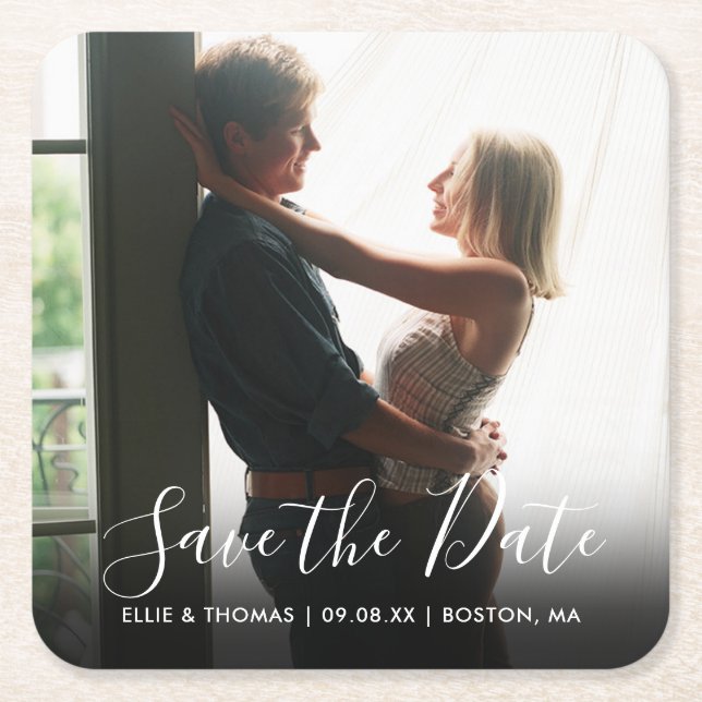 Save the Date Script Photo Square Paper Coaster (Front)