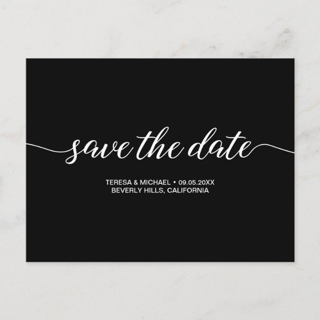 Save the Date script Simple Black white wedding Postcard (Front)