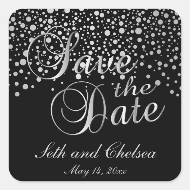 Save the Date Silver Dots | Personalise Square Sticker (Front)
