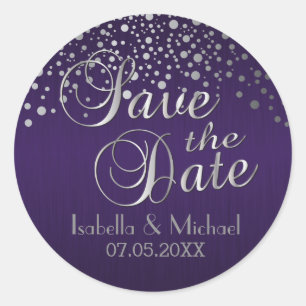 Save the Date   Silver Dots & Purple   Personalise Classic Round Sticker