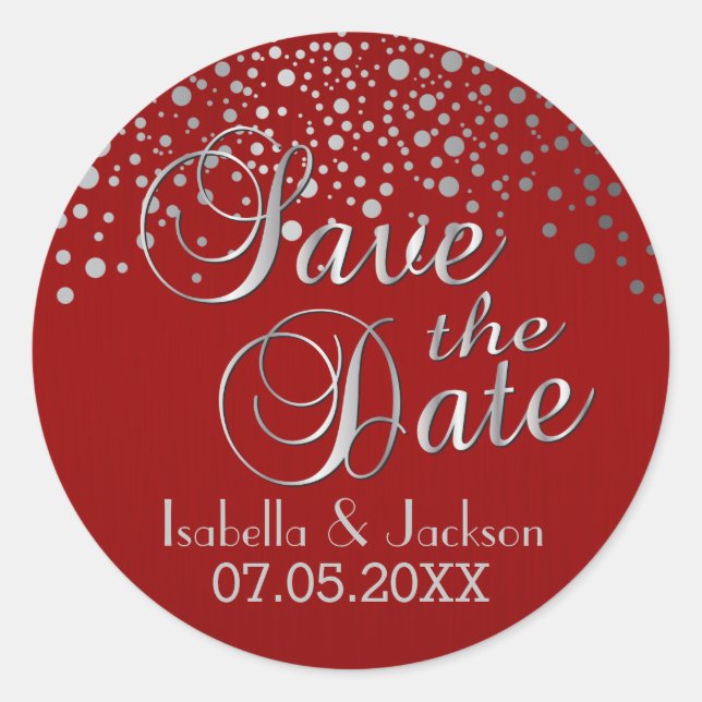 Save the Date | Silver Dots & Red | Personalise Classic Round Sticker (Front)