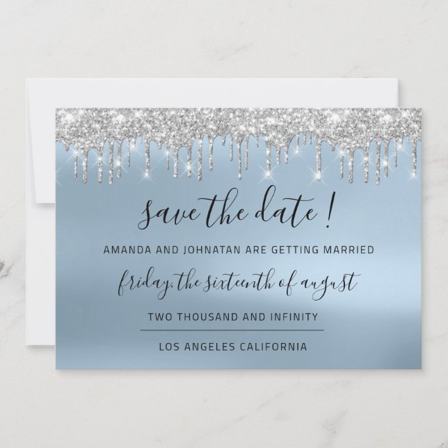 Save The Date Silver Grey Blue Spark Drips Lux (Front)