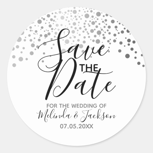 Save the Date | Silver Grey Dots Classic Round Sticker (Front)