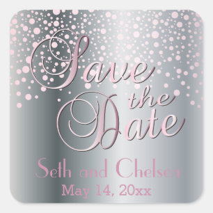Save the Date Silver & Pink Dots   Personalise Square Sticker