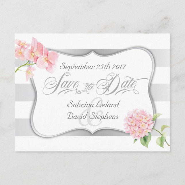 Save the Date Silver Stripes and Pink Hydrangeas Announcement Postcard (Front)