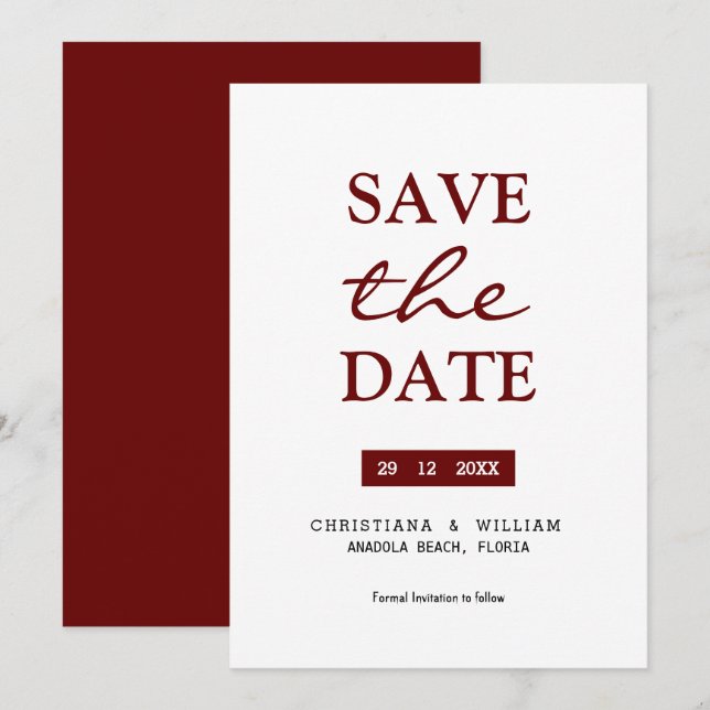 SAVE THE DATE' Simple Burgundy Red text Invitation (Front/Back)