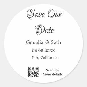Save the date simple minimal QR scan code details  Classic Round Sticker