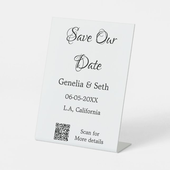Save the date simple minimal QR scan code details  Pedestal Sign (Front)