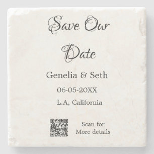 Save the date simple minimal QR scan code details  Stone Coaster