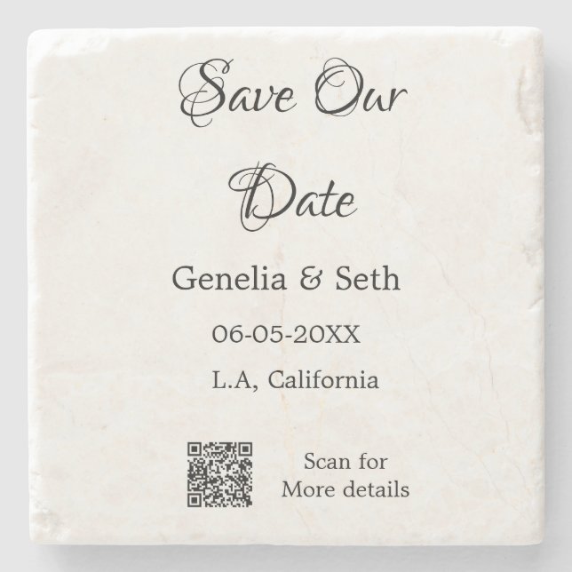 Save the date simple minimal QR scan code details  Stone Coaster (Front)