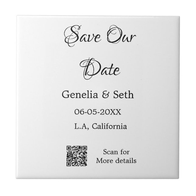 Save the date simple minimal QR scan code details  Tile (Front)