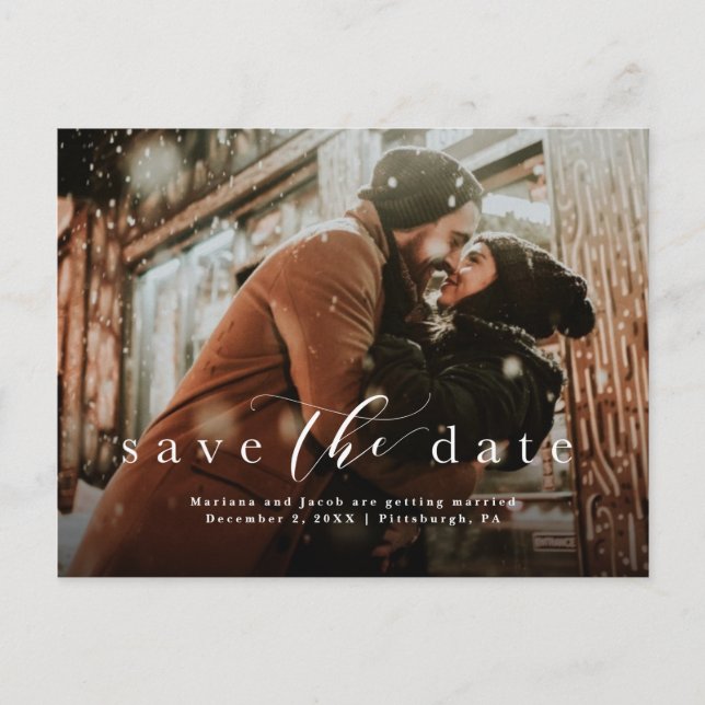 Save the date simple script photo announcement postcard (Front)