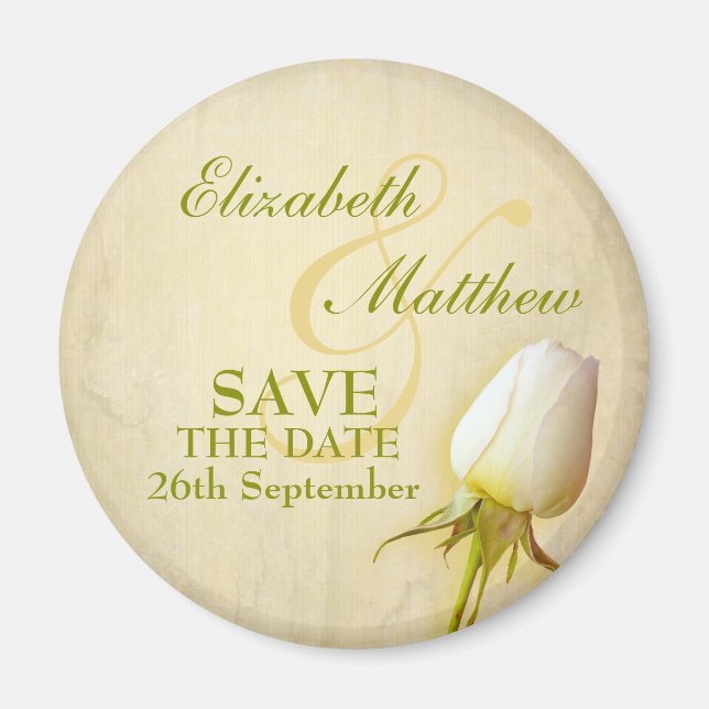 Save the Date Single White Rose Fridge Magnet (Front)