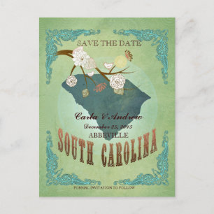 Save The Date- South Carolina Map With Lovely Bird Announcement Postcard