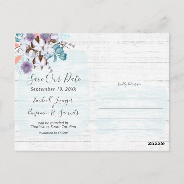 Save The Date Southern Cotton Wedding 3-Photo Postcard (Back)