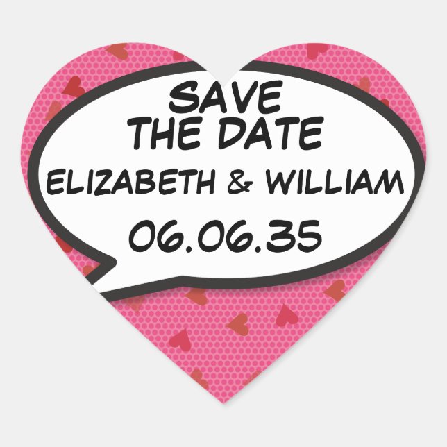 SAVE THE DATE Speech Bubble Fun Retro Comic Book Heart Sticker (Front)