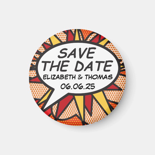 SAVE THE DATE Speech Bubble Fun Retro Comic Book Magnet (Front)