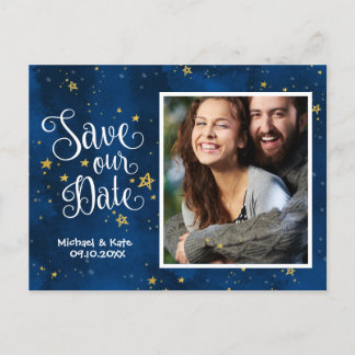 Save The Date Starry Night Gold Navy Watercolor | Announcement Postcard