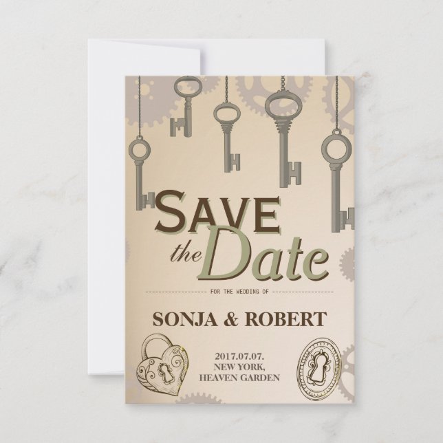 Save the Date - Steampunk Gears and Keys (Front)