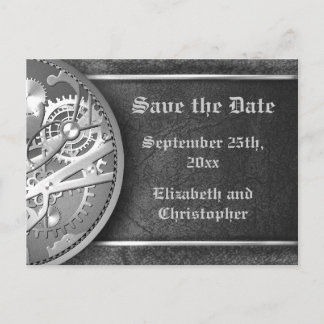 Save the date steampunk gears black and white announcement postcard